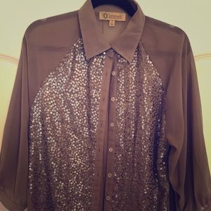 Sheer mauve colored button up with sequins